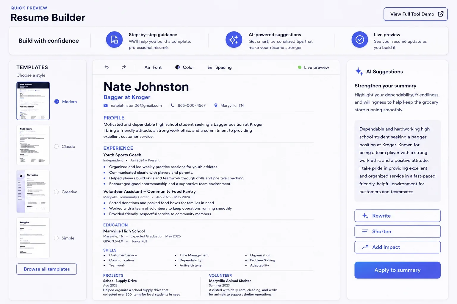 Resume Builder enlarged quick preview