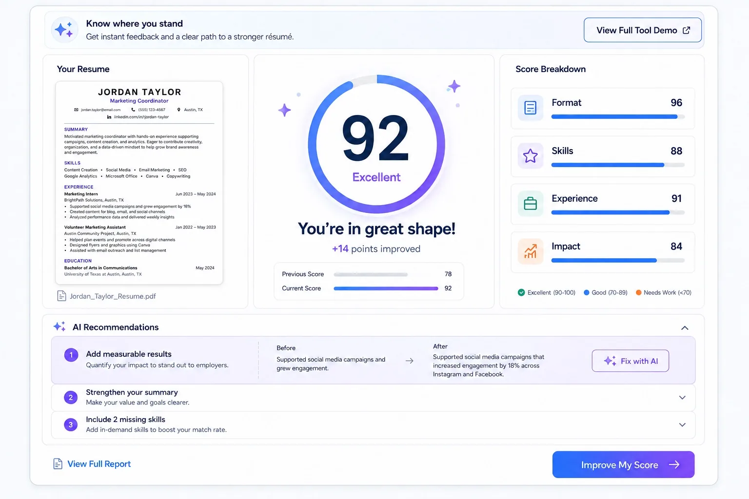 Resume Score enlarged quick preview
